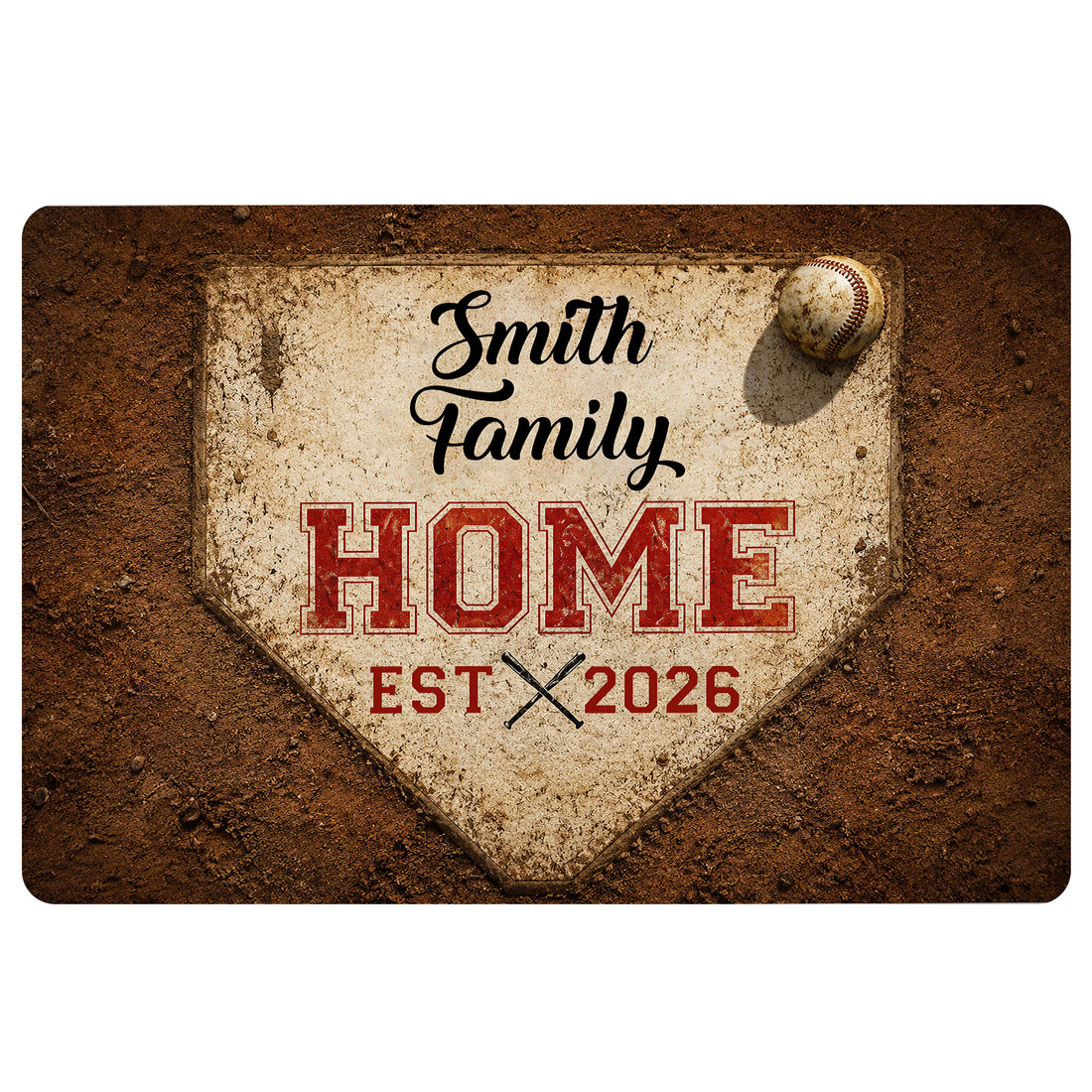 Vintage baseball-themed doormat featuring a baseball, home plate design, and distressed brown and red artwork