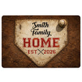 Vintage baseball-themed doormat featuring a baseball, home plate design, and distressed brown and red artwork