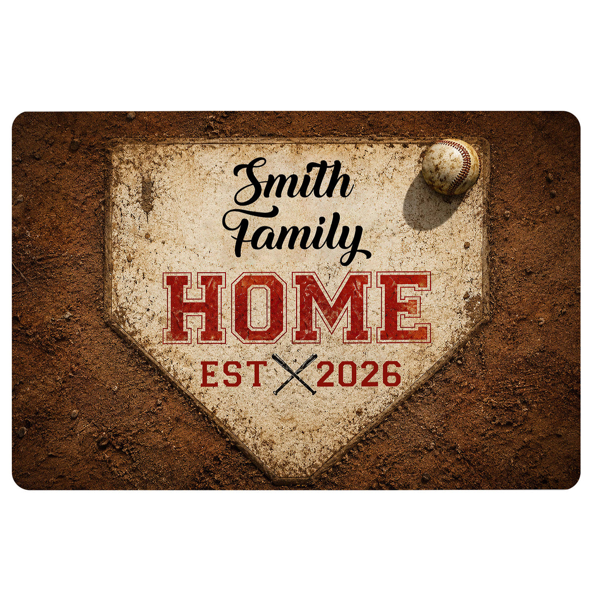Vintage baseball-themed doormat featuring a baseball, home plate design, and distressed brown and red artwork