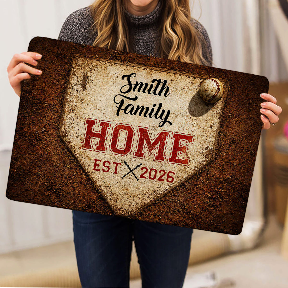 Baseball doormat held indoors, showing the distressed home plate artwork and classic brown red color palette