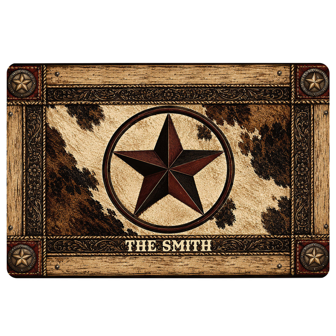 Cowboy doormat with a central western star, cowhide pattern, rustic wood frame, and ornate western border