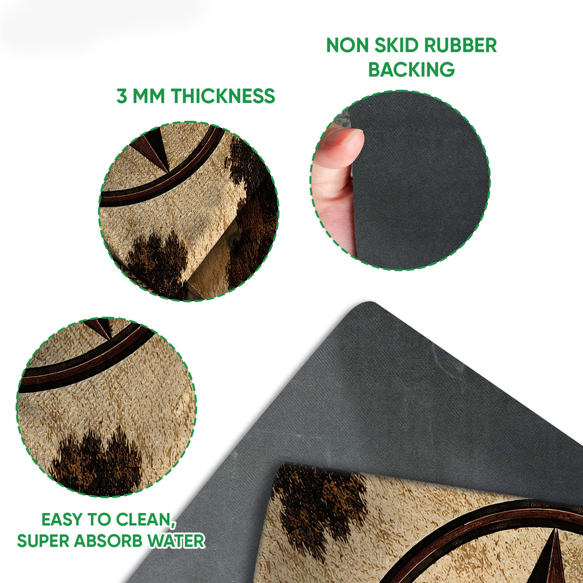 Close-up of the cowboy doormat surface and dark rubber backing showing the printed design and layered construction