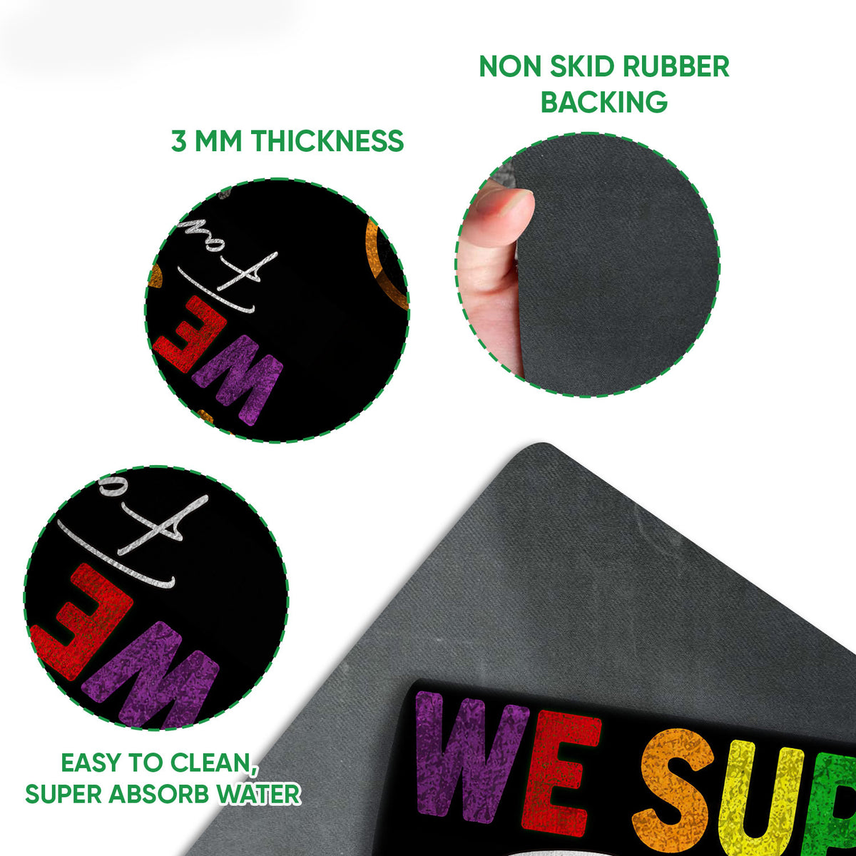 Close-up of the colorful LGBT doormat surface and textured rubber backing with rounded edges
