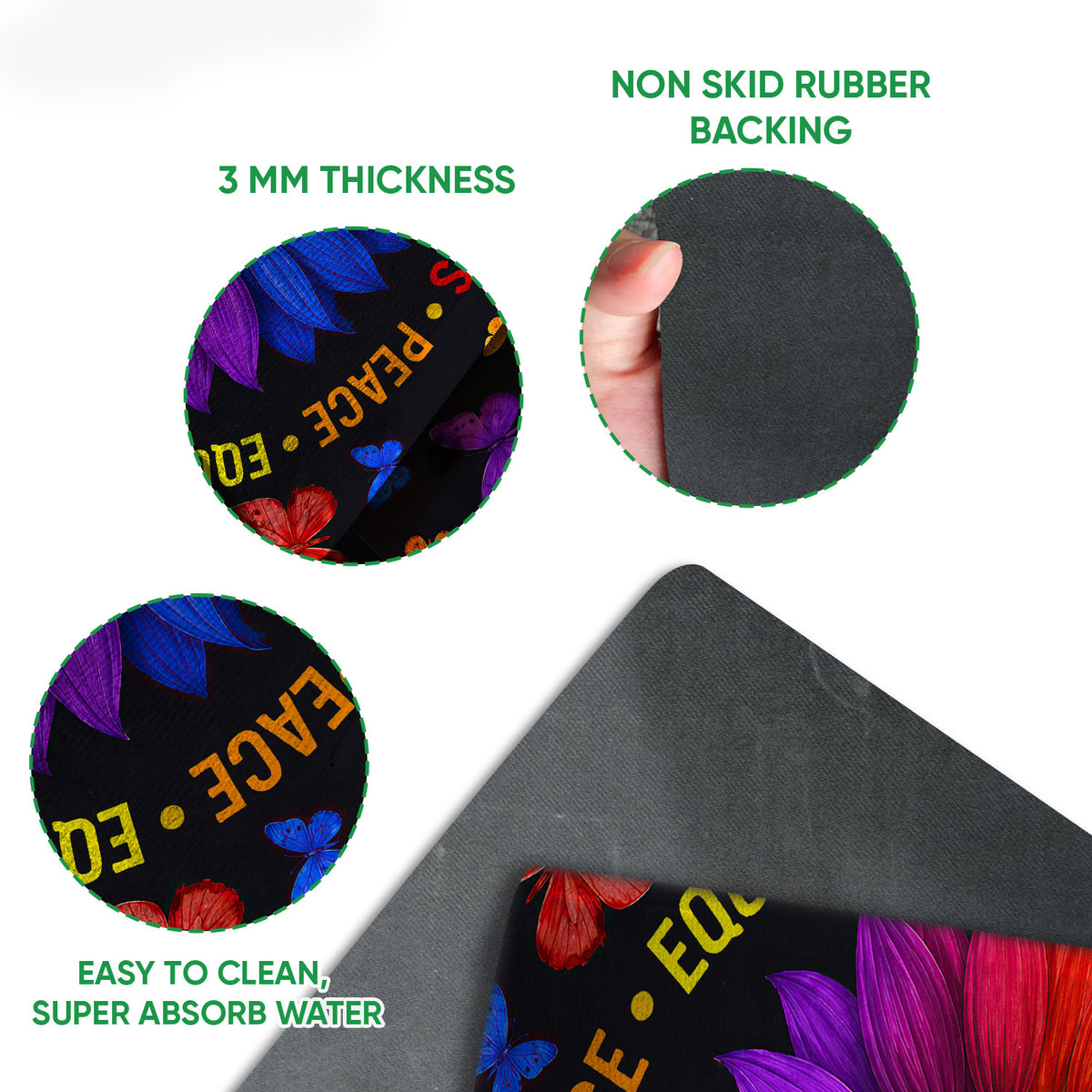 Close-up view of the LGBT pride doormat showing its colorful printed surface and dark rubber backing