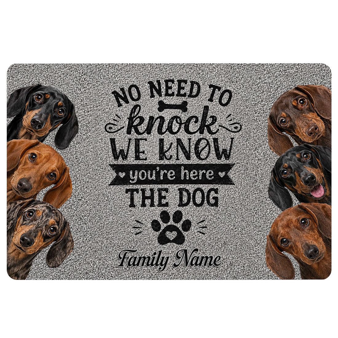 Dachshund doormat with realistic black, brown, and red dogs surrounding a playful welcome message