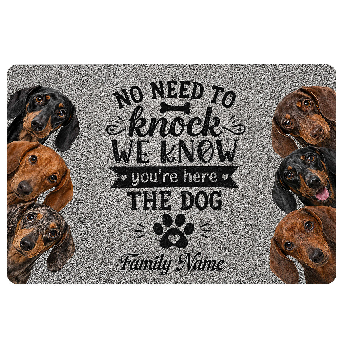 Dachshund doormat with realistic black, brown, and red dogs surrounding a playful welcome message