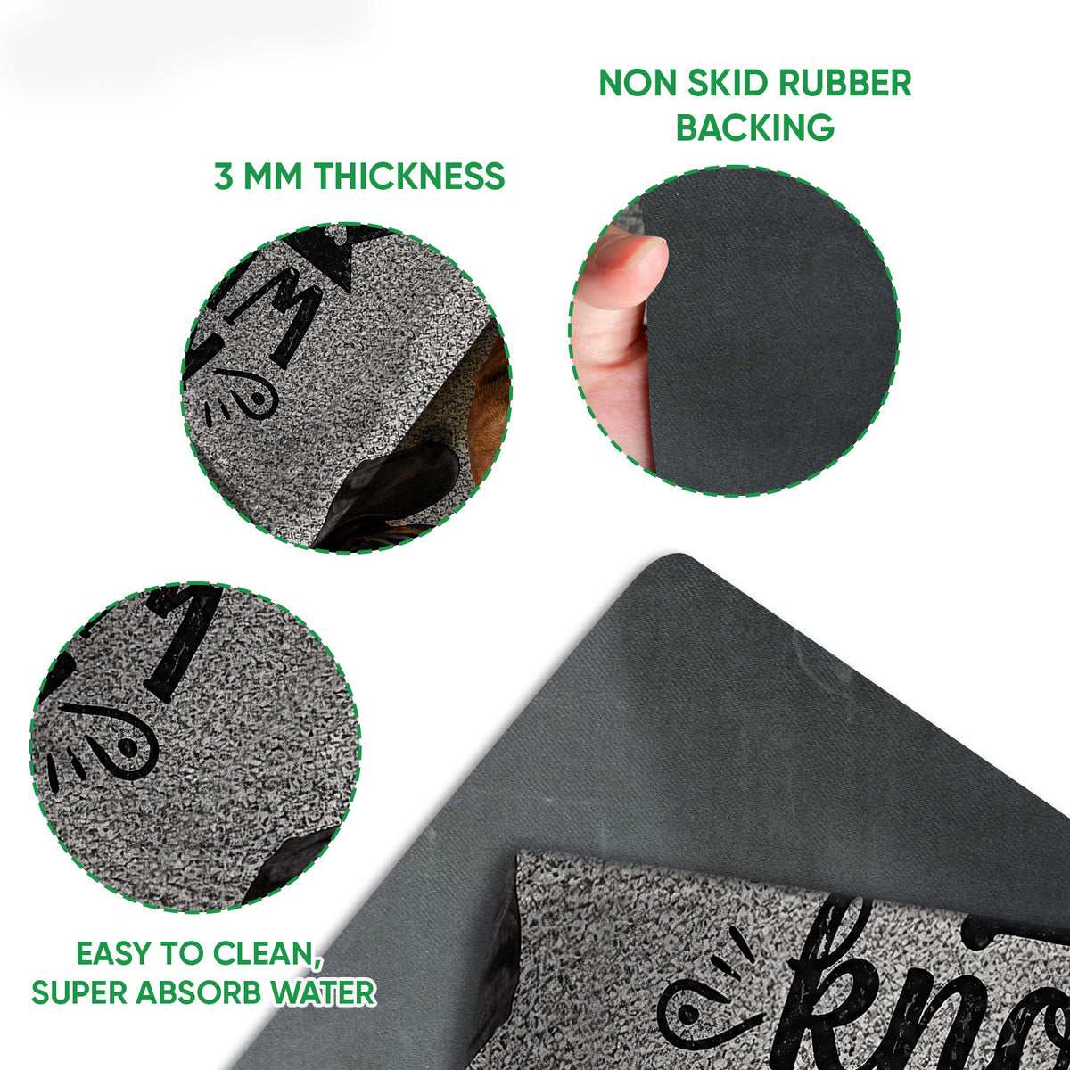 Close-up feature view of the dachshund doormat surface, rubber backing, and thin rounded edge