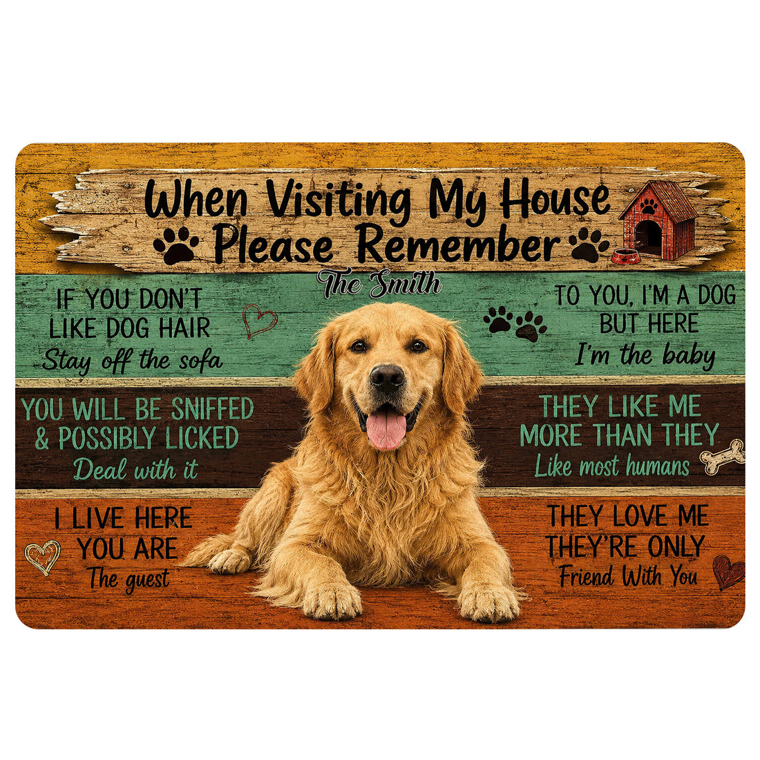 Golden Retriever doormat with rustic wood-plank artwork, paw prints, doghouse, and playful welcome message