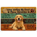 Golden Retriever doormat with rustic wood-plank artwork, paw prints, doghouse, and playful welcome message