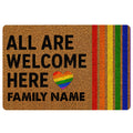 LGBT pride doormat with rainbow stripes, rainbow heart, and inclusive welcome message