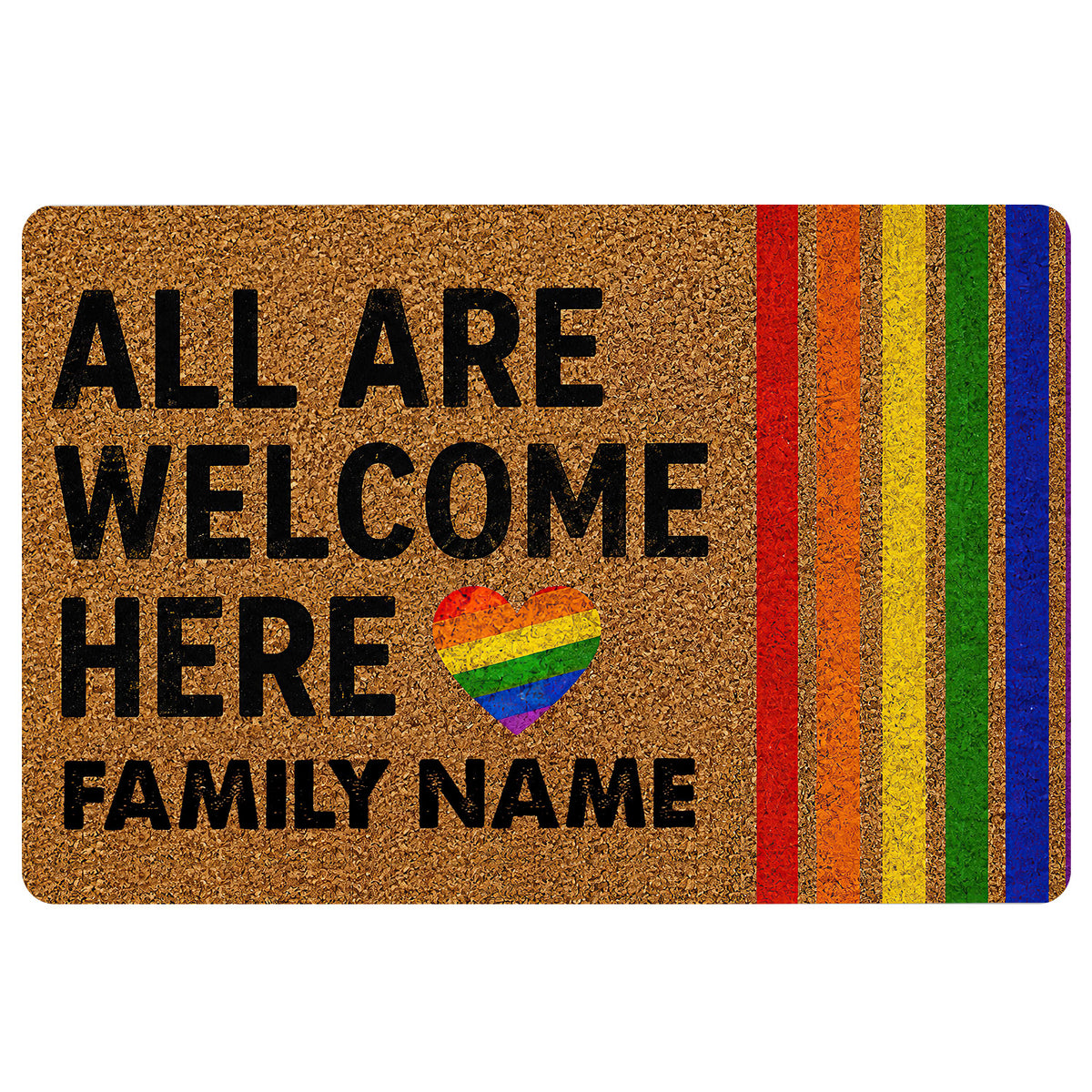 LGBT pride doormat with rainbow stripes, rainbow heart, and inclusive welcome message