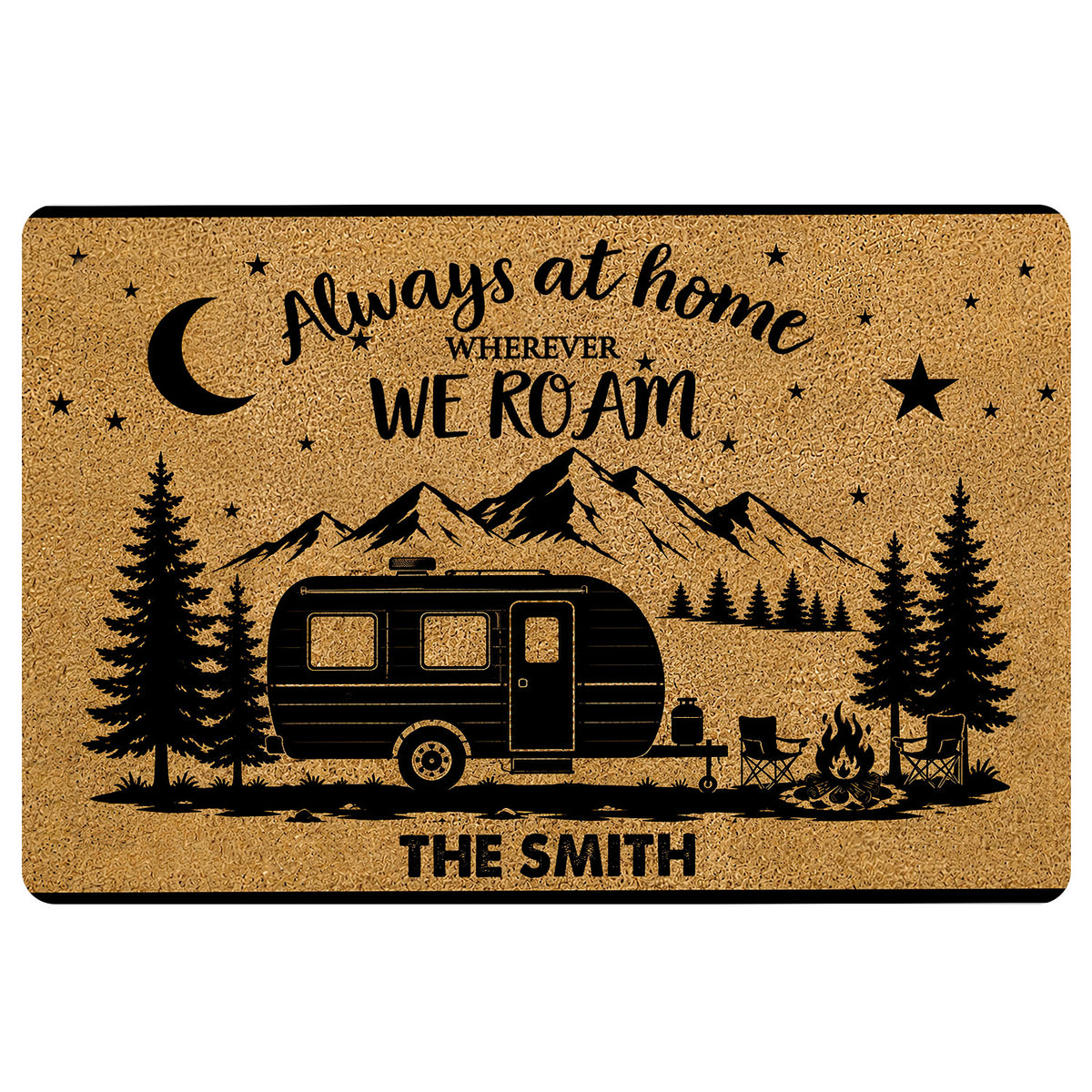 Camping doormat featuring a travel trailer, mountain landscape, pine trees, stars, moon and campfire artwork