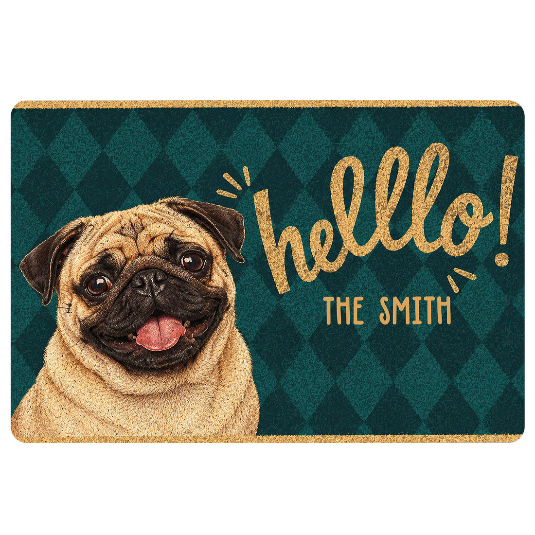Pug doormat with cheerful welcome lettering, dark teal argyle background, and warm gold accents
