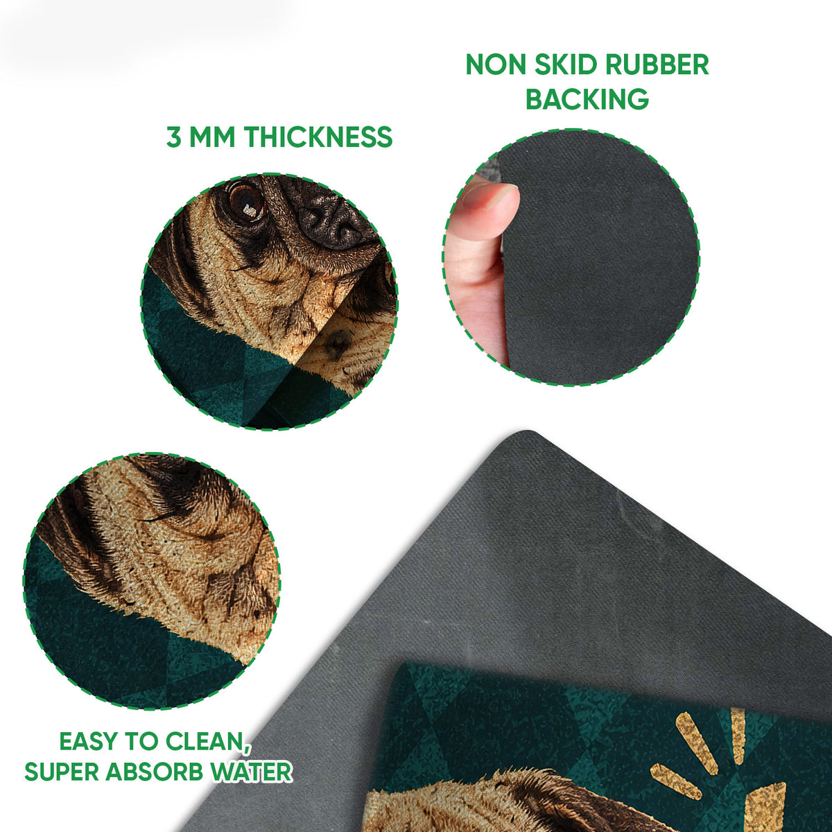 Pug doormat feature view showing printed top surface, thin profile, and rubber grip backing