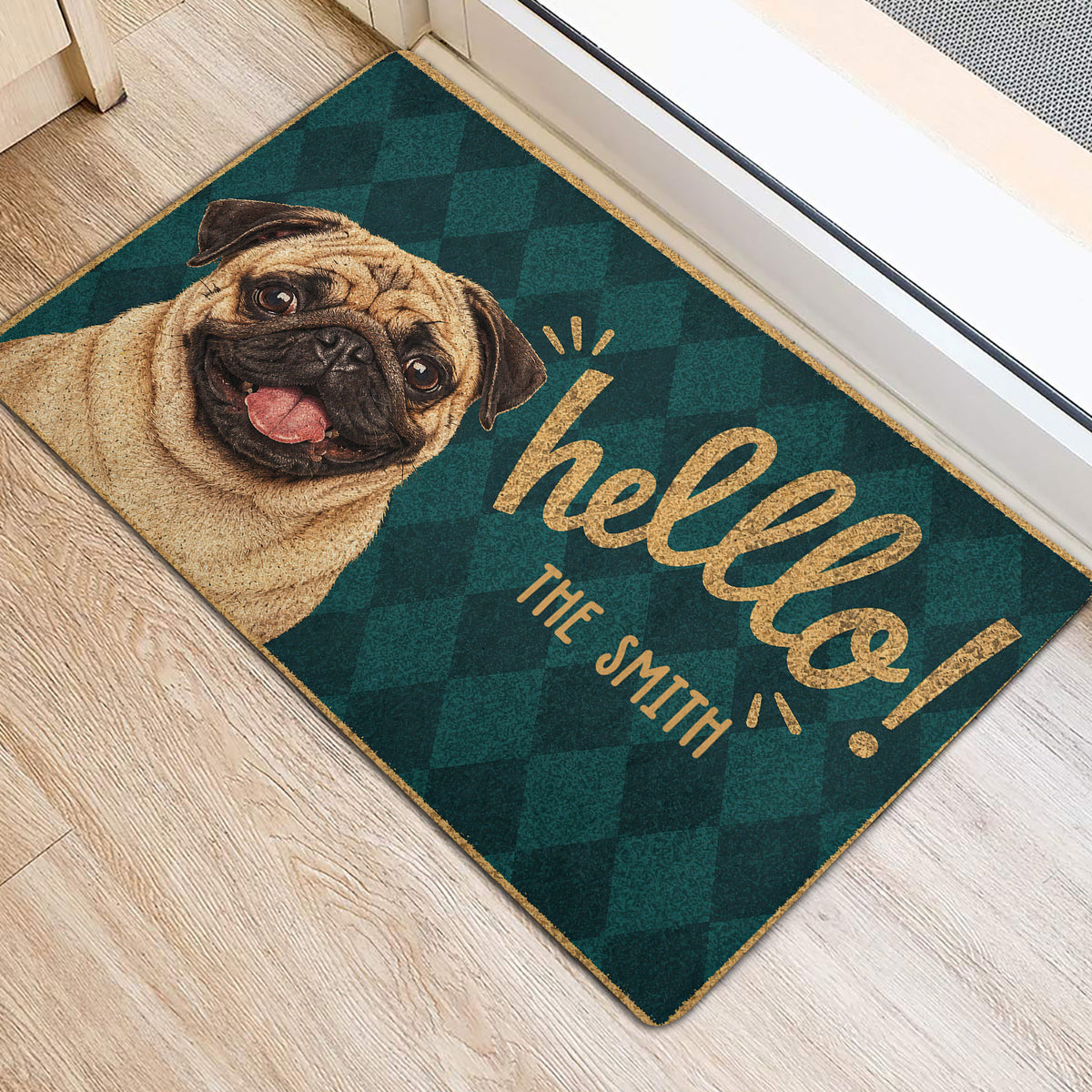 Pug entryway rug with playful welcome lettering positioned beside a bright doorway