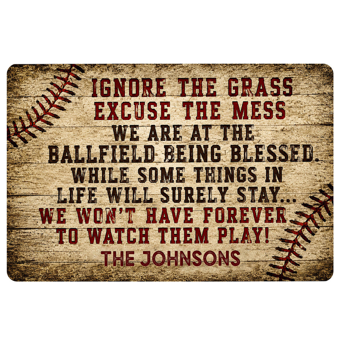 Baseball-themed doormat with rustic wood background, red stitching graphics, and bold home entryway lettering