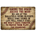 Baseball-themed doormat with rustic wood background, red stitching graphics, and bold home entryway lettering