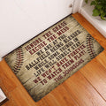 Baseball doormat displayed at an indoor doorway on hardwood flooring with rustic ballfield artwork