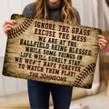 Baseball doormat held indoors, showing rustic ballfield artwork and bold decorative lettering