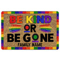 LGBT doormat with colorful rainbow border, Be Kind message, and bold inclusive entryway artwork