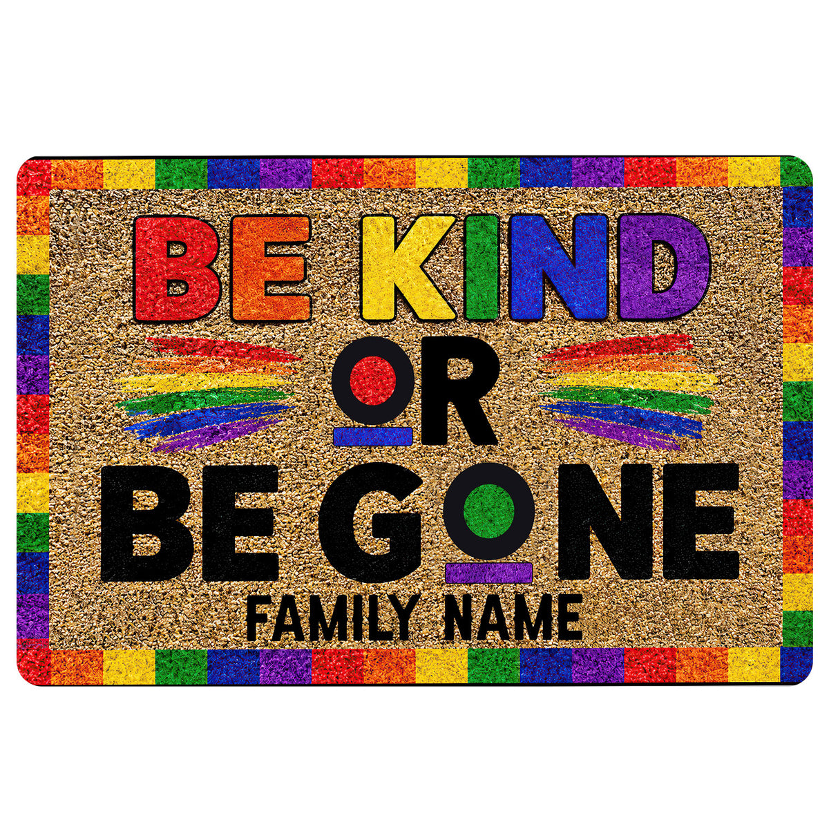 LGBT doormat with colorful rainbow border, Be Kind message, and bold inclusive entryway artwork