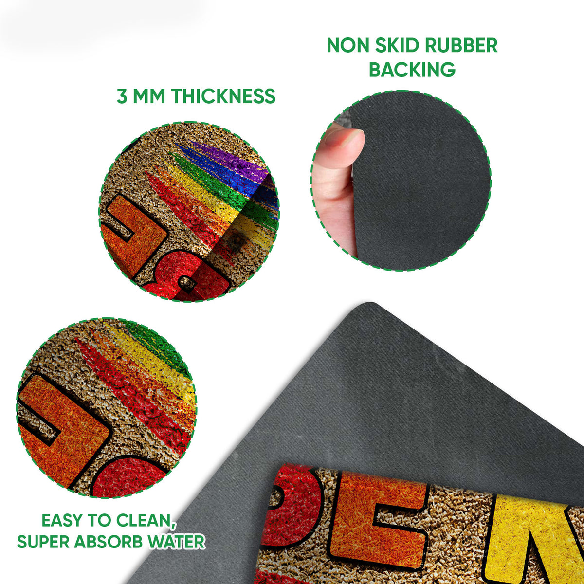 Close-up of colorful LGBT doormat artwork with printed felt surface and rubber backing detail