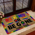 Rainbow LGBT Be Kind doormat styled at a home entrance with warm interior decor