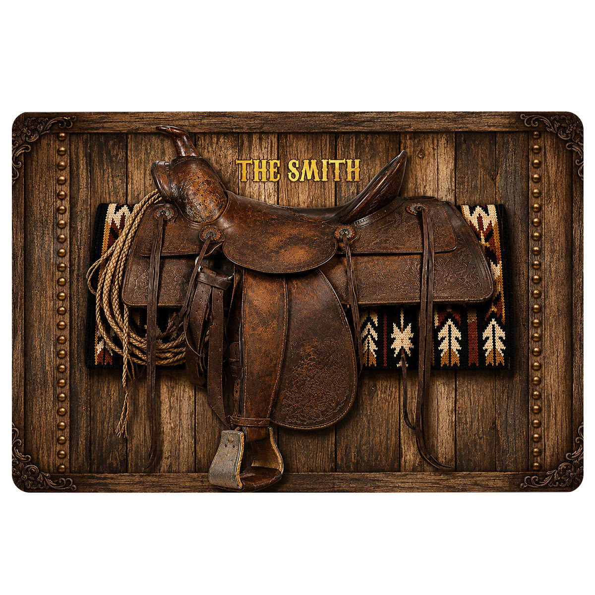 Western cowboy saddle, rope, and Southwestern textile artwork on a rustic wood-plank doormat