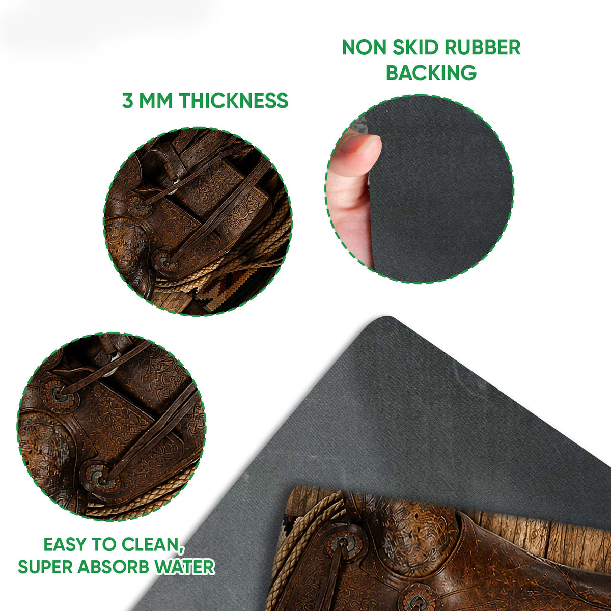 Close-up of cowboy saddle artwork with rubber backing, textured surface, and edge detail