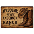 Rustic cowboy doormat featuring brown boots, a cowboy hat, horseshoe, and ranch welcome artwork