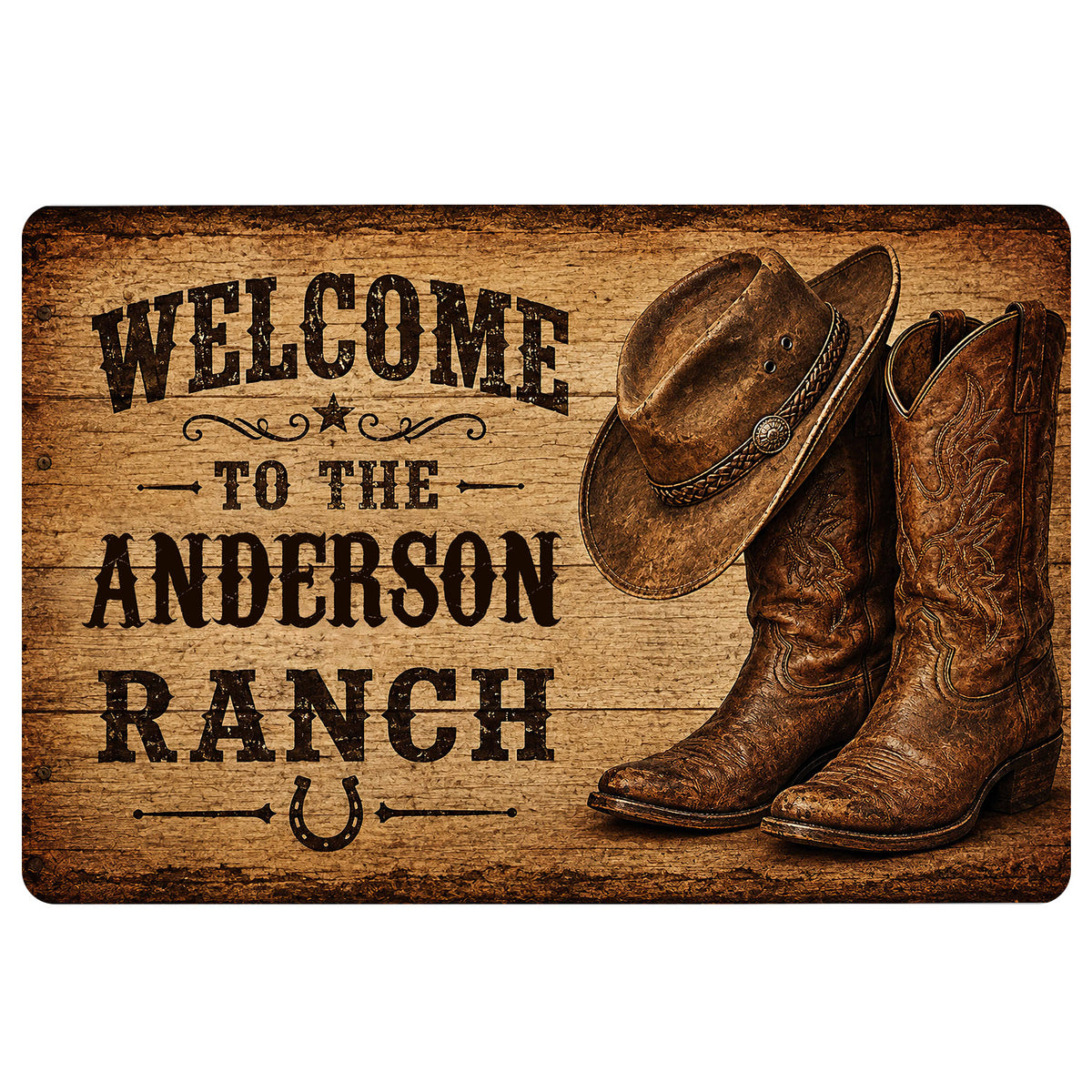 Rustic cowboy doormat featuring brown boots, a cowboy hat, horseshoe, and ranch welcome artwork