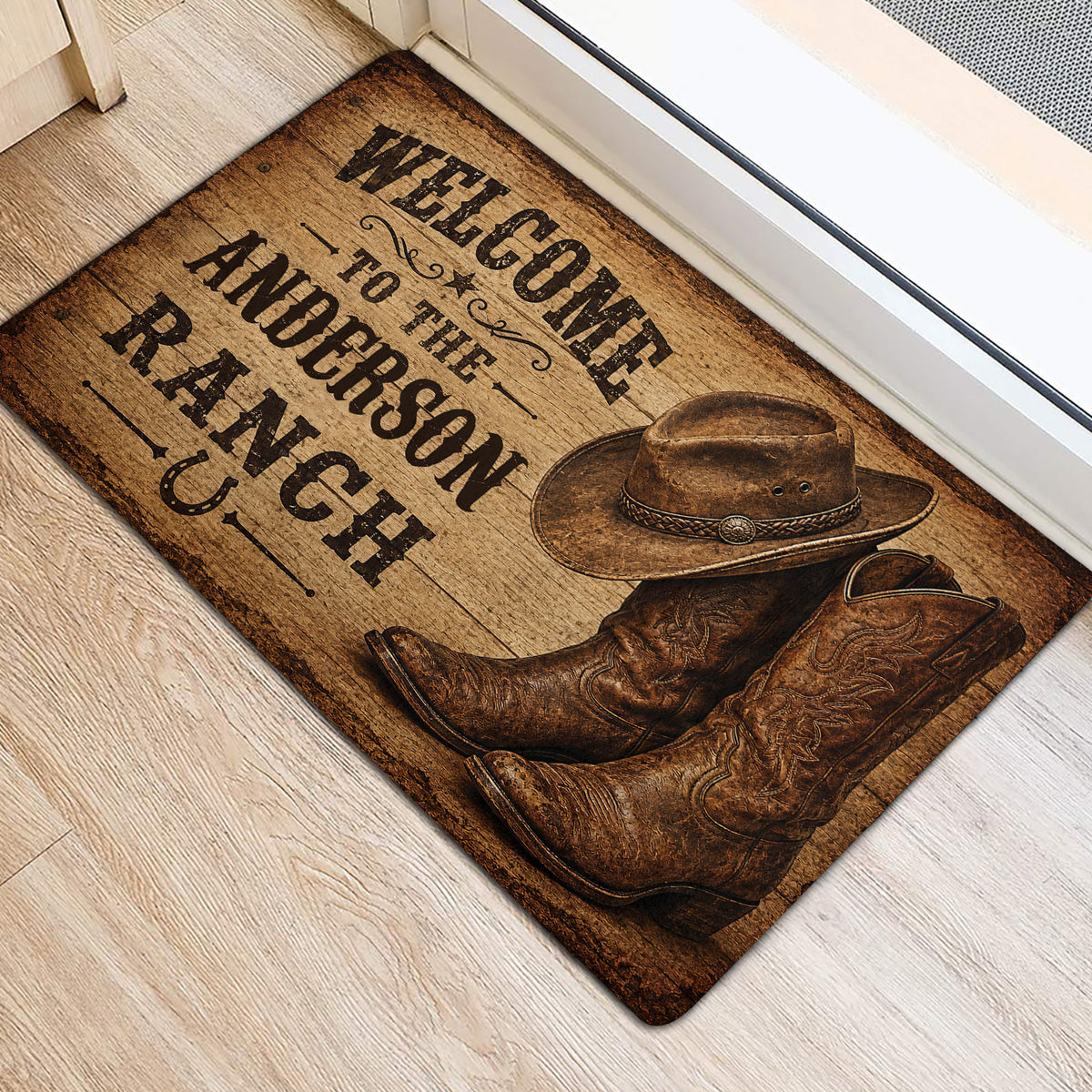 Western cowboy doormat with boots, hat, horseshoe, and ranch lettering at an entrance