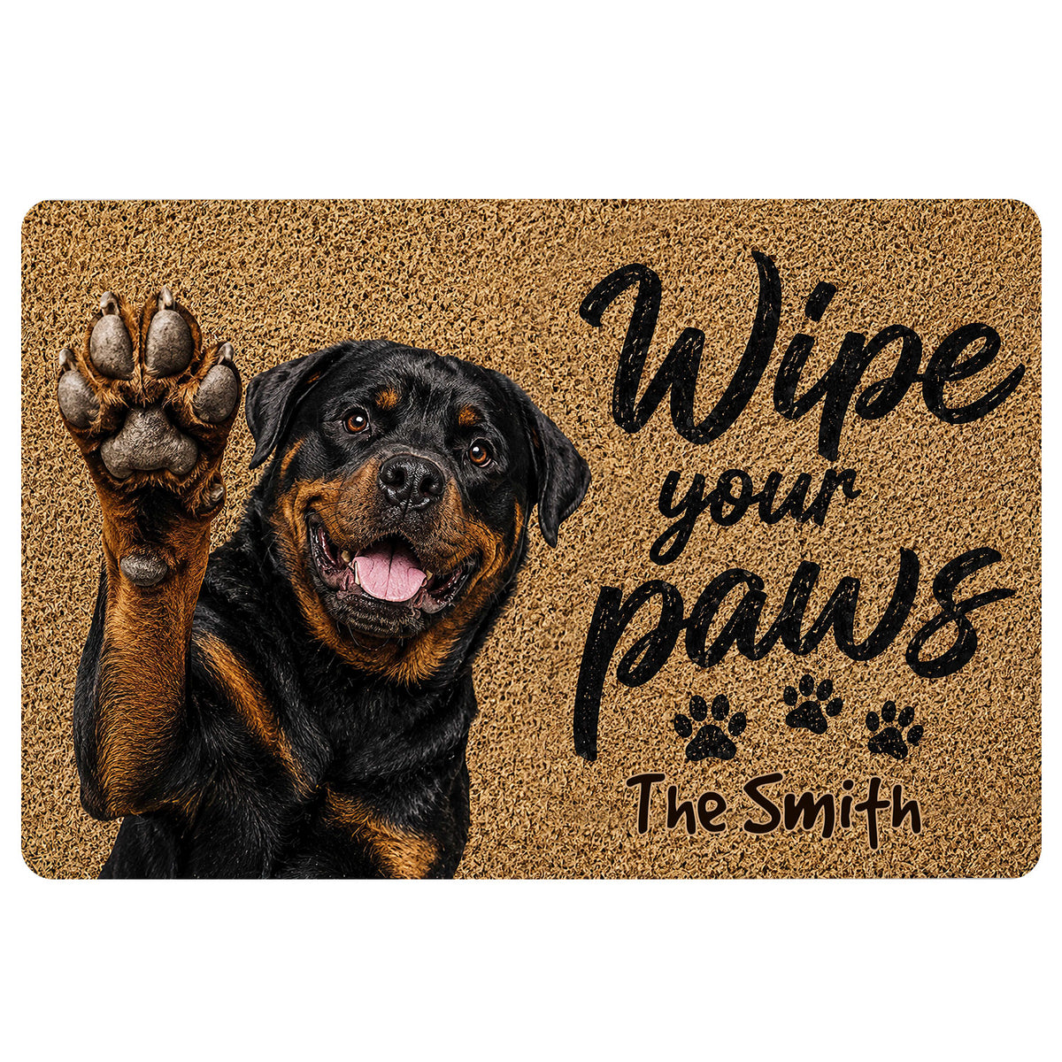 Rottweiler doormat design with a raised paw, tan textured background, paw prints, and welcoming script