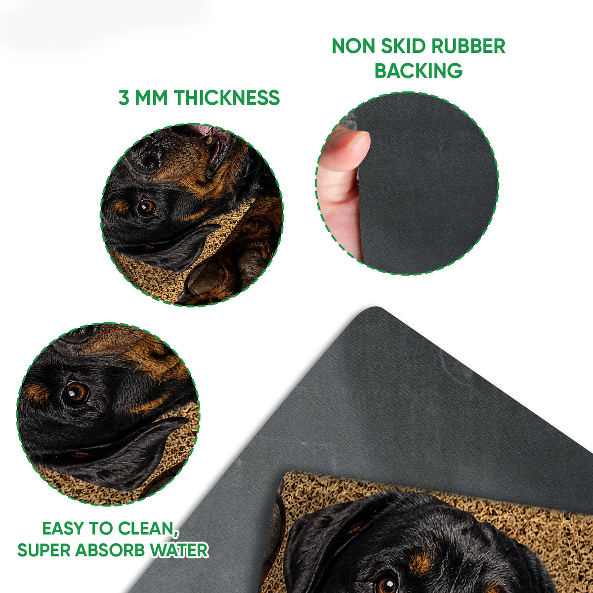 Close-up feature view of the Rottweiler doormat surface and dark rubber backing