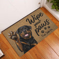 Rottweiler welcome doormat displayed inside a home entryway on a wood floor