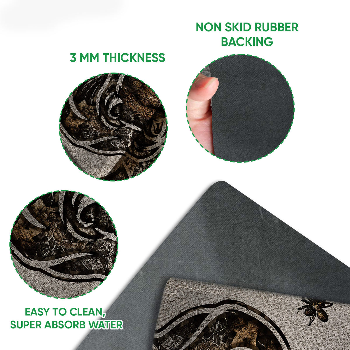 Close-up feature view of the bear doormat print and dark rubber backing with rounded edges