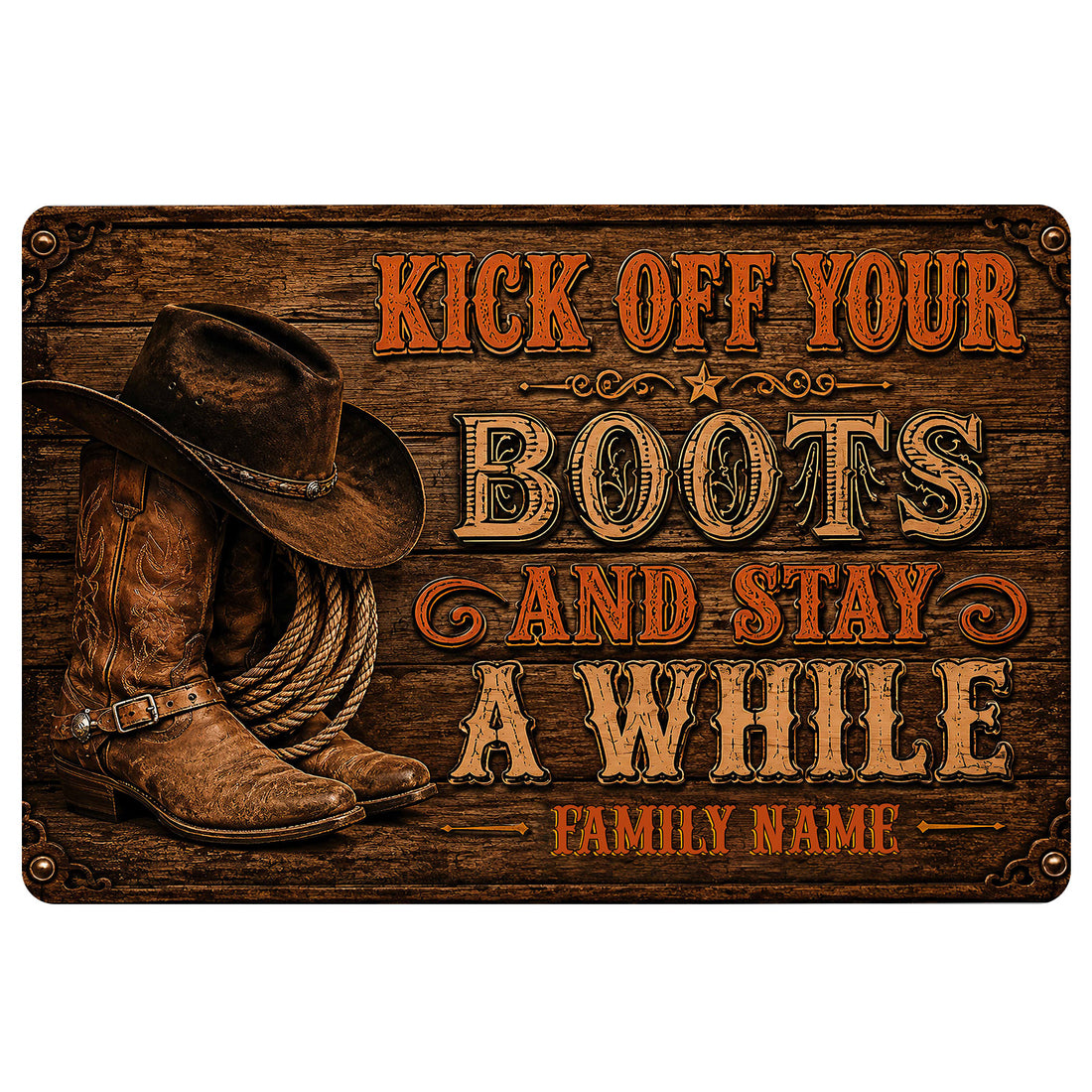 Cowboy doormat with Western boots, hat, rope, woodgrain background, and bold rustic lettering