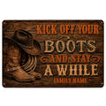 Cowboy doormat with Western boots, hat, rope, woodgrain background, and bold rustic lettering