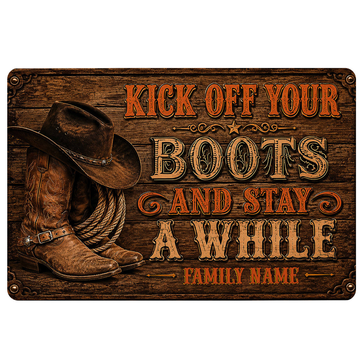 Cowboy doormat with Western boots, hat, rope, woodgrain background, and bold rustic lettering