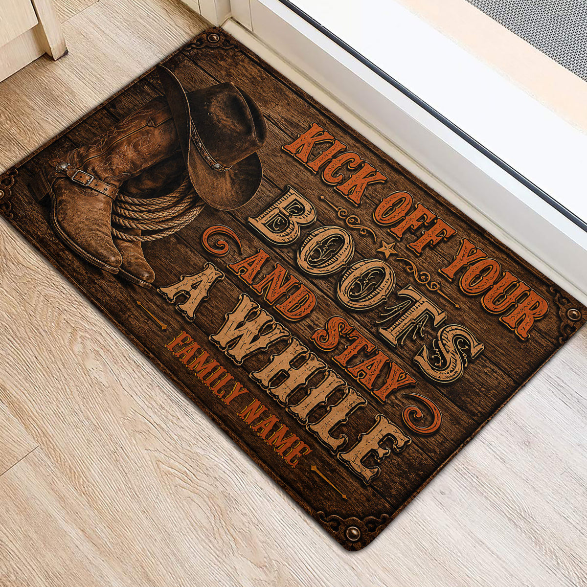 Western cowboy boot and hat doormat styled near an indoor doorway on light flooring