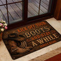 Rustic cowboy welcome doormat displayed by a glass entry door with boots and rope artwork