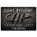 Fishing doormat with a large hook, rugged dark metal artwork, and bold angler-themed lettering