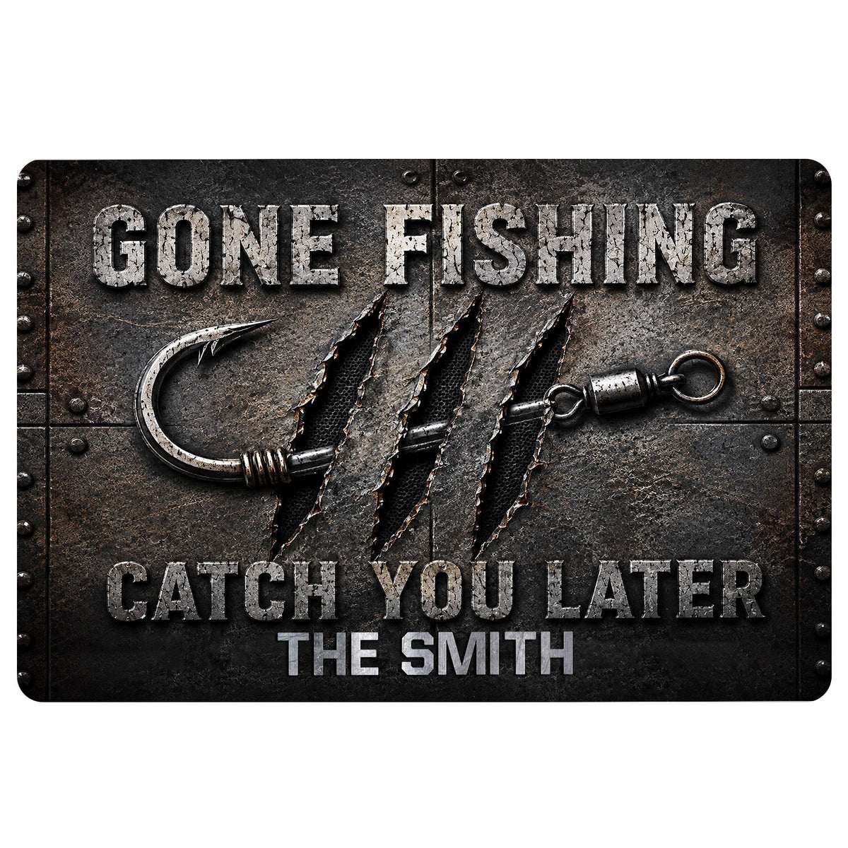Fishing doormat with a large hook, rugged dark metal artwork, and bold angler-themed lettering
