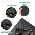 Fishing doormat detail view showing printed hook artwork, felt surface, rubber backing, and easy-clean features