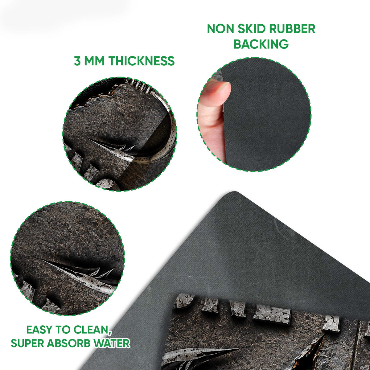 Fishing doormat detail view showing printed hook artwork, felt surface, rubber backing, and easy-clean features