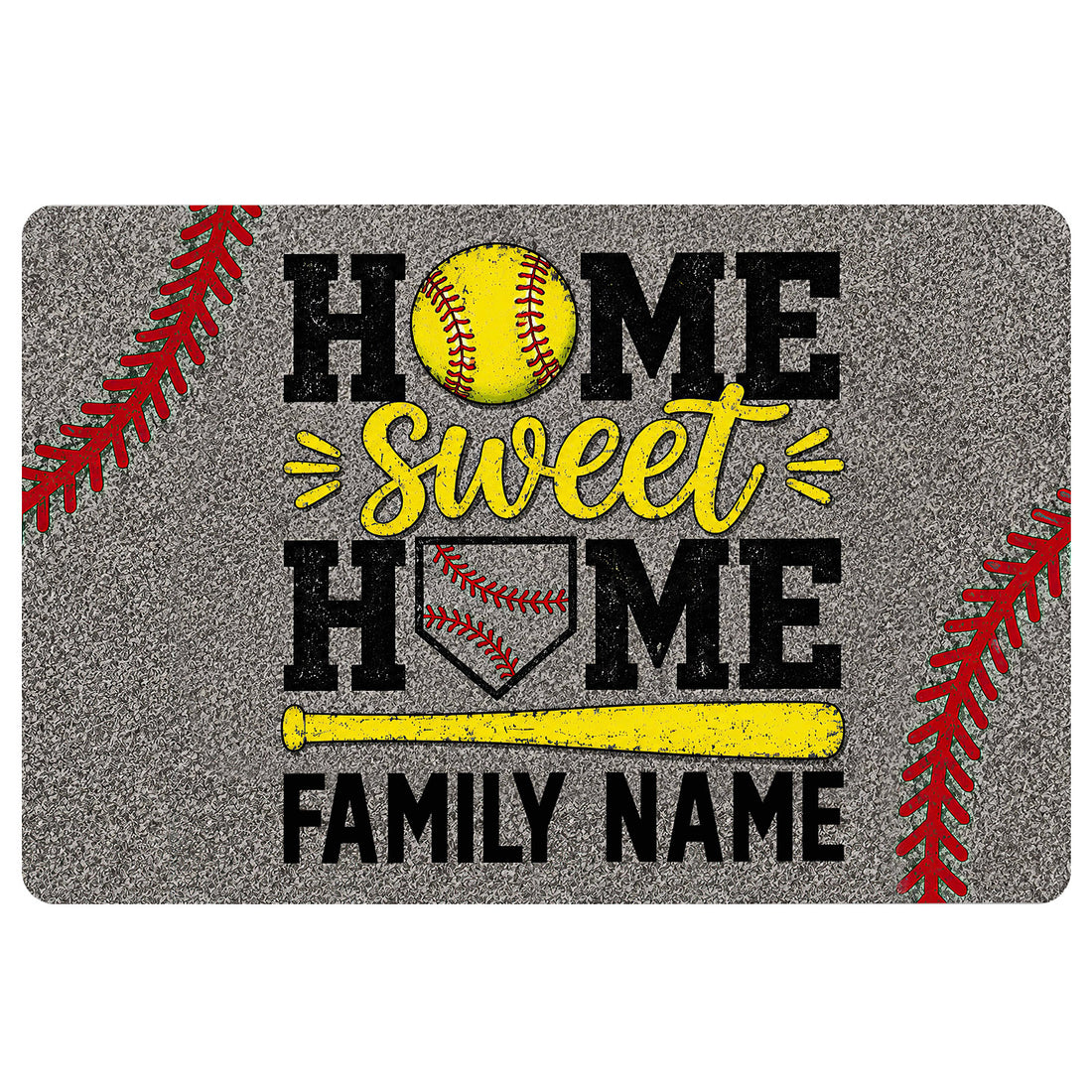Softball doormat featuring a yellow softball, bat, glove, red stitching, and home-themed family artwork