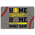 Softball doormat featuring a yellow softball, bat, glove, red stitching, and home-themed family artwork