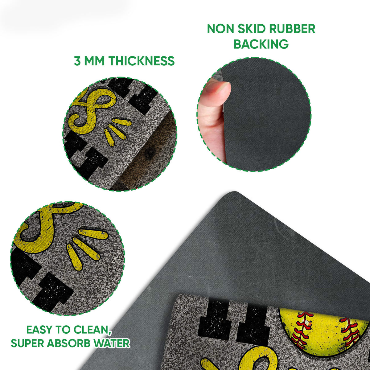 Softball doormat detail showing the printed felt surface, rubber backing, and rolled edge construction