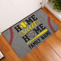 Softball home-themed doormat displayed in an entryway with a yellow bat, softball, glove, and red stitching
