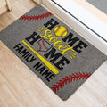 Softball entryway rug positioned by a doorway with home lettering, bat, glove, and colorful stitching details